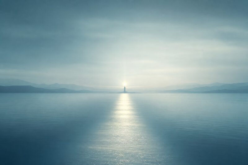 A distant beacon of light over calm water with a converging path of light, a sense of steady guidance