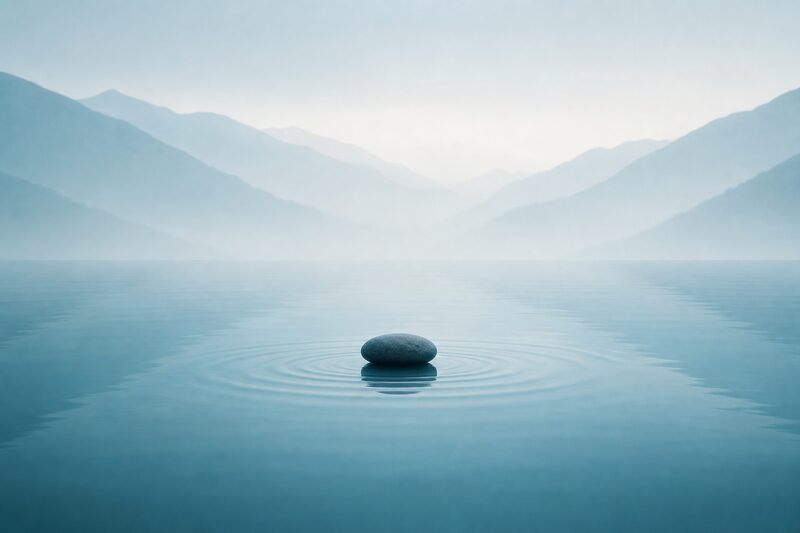 A still, clear water surface with a single quiet point of focus, an image of honest self-reflection